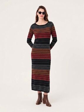 070 LACOSTE Women’s Long Sleeve Wool Stripe Midi Sweater Dress - Medium